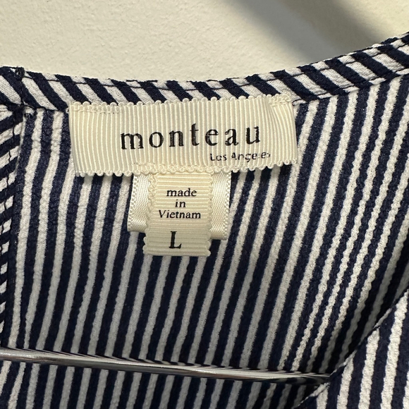 Women's Monteau Los Angeles blouse, Size L, Navy and White Stripes ruffles - Picture 7 of 8